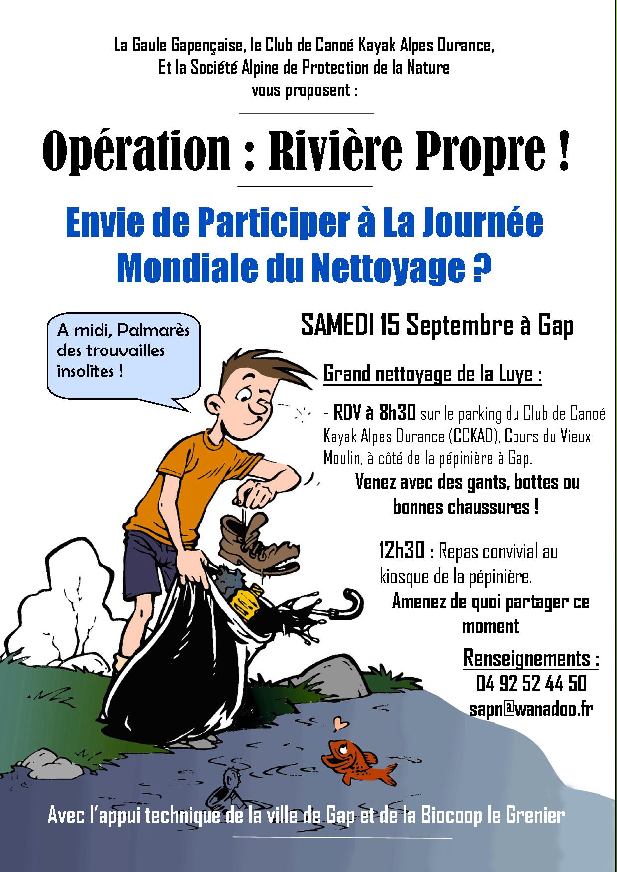 Opération rivière propre - nettoyage annuel de La Luye le 15 sept. rdv à 8h30 sur le parking du Club de Canoë Kayak Alpes Durance, Cours du Vieux Moulin 
