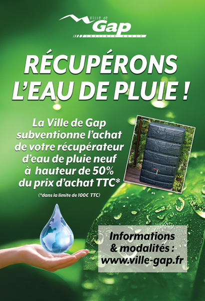 Subvention de la ville de Gap aux Gapençais pour l'acquisition de récupérateur d'eau de pluie jusqu'au 1er octobre 2024