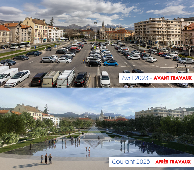 Avant-après parking et esplanade Desmichels à GAP (Avril 2023 > Courant 2025)