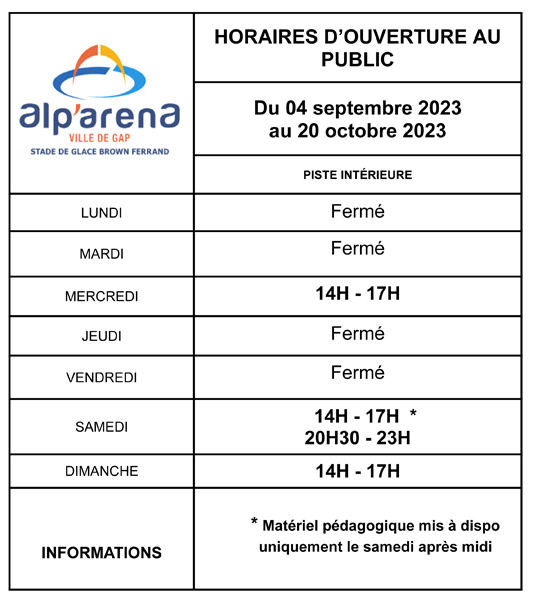 Horaires Alp'Arena de Gap du 4/09 au 20 10 2023