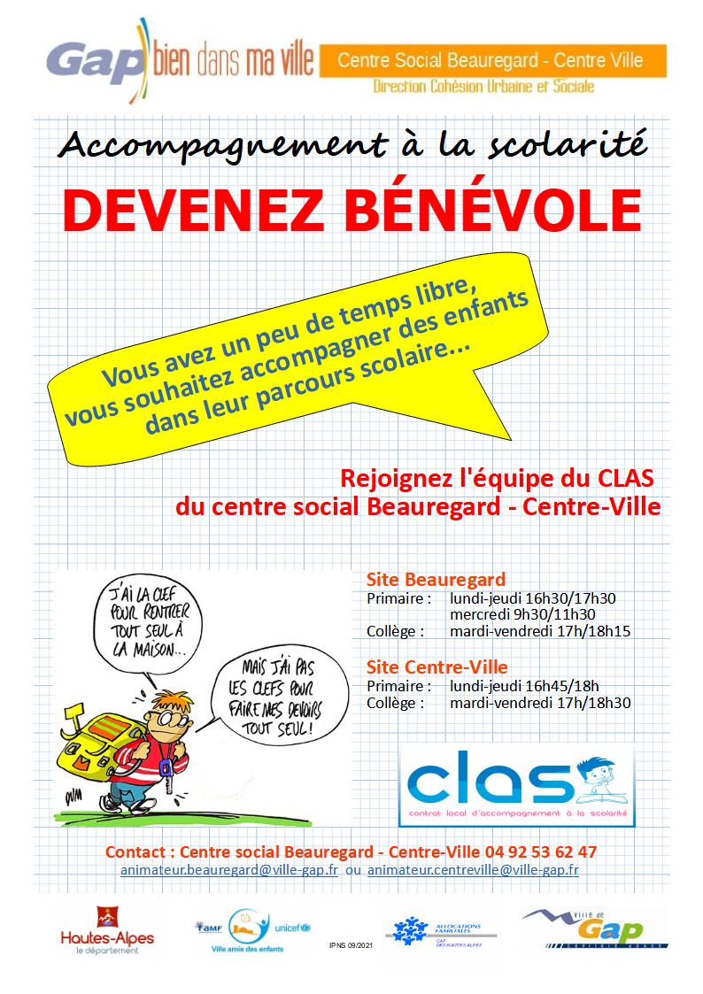 Recherche bénévoles pour accompagnement à la scolarité : centre social de Beauregard/centre ville de Gap