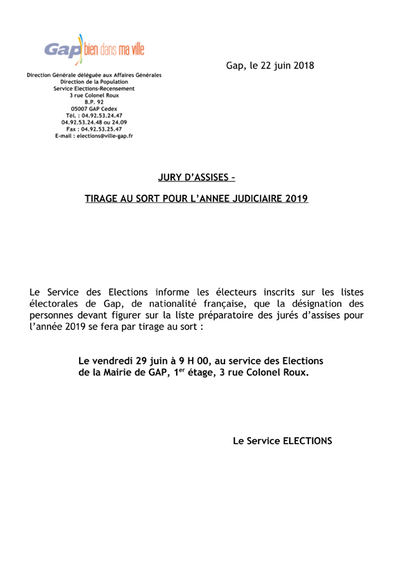 Jury d'assises 2019 : Tirage au sort ce 29 juin à 9h en mairie centre de Gap