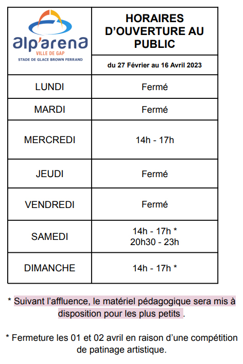 Alp'arena stade de glace de Gap - Horaires du 27 02 au 16 04 2023