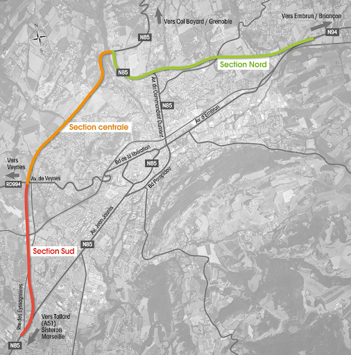 Les 3 sections du projet de Rocade de Gap