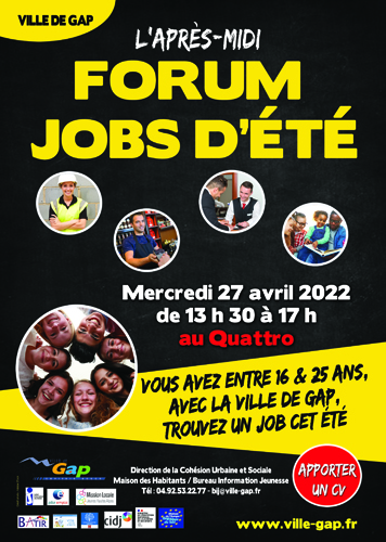Forum des Jobs d'été de Gap 2022 - le 27 avril de 13h30 à 17h au Quattro