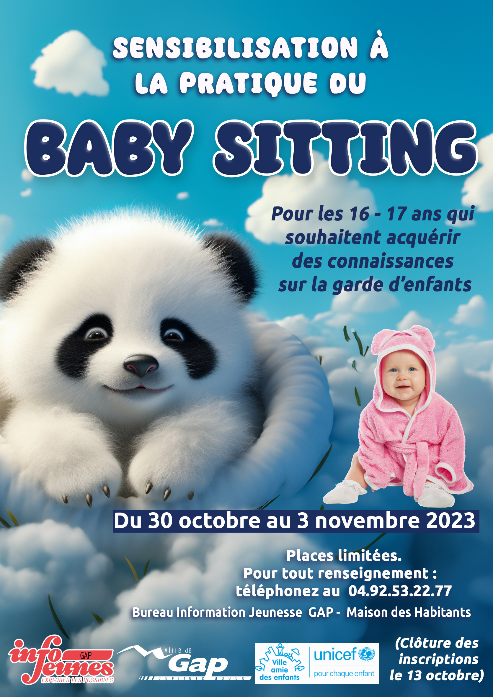 Sensibilisation à la pratique du baby sitting du 30 10 au 3 11 2023 à GAP