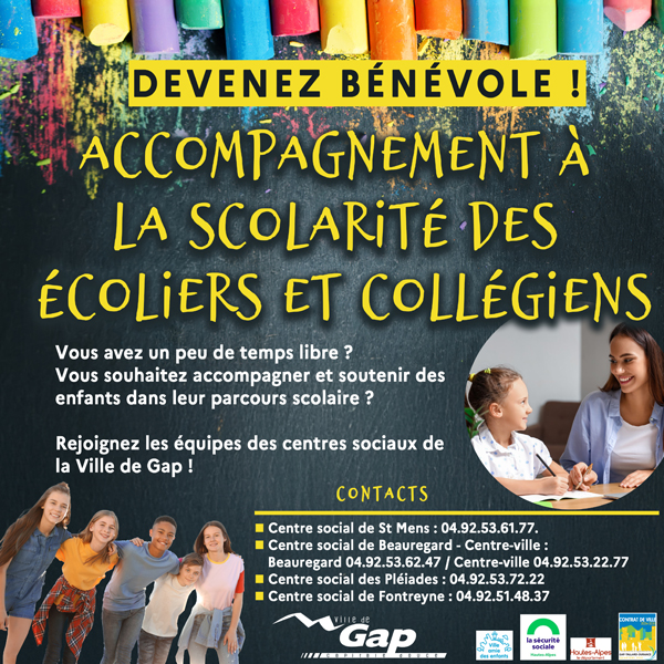 Centres sociaux de Gap - recherche de bénévoles pour accompagnement scolaire 2024/2025