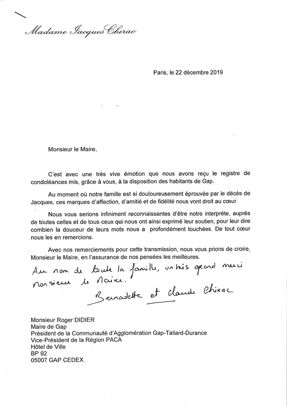 Claude et Bernadette CHIRAC remercient les gapençais