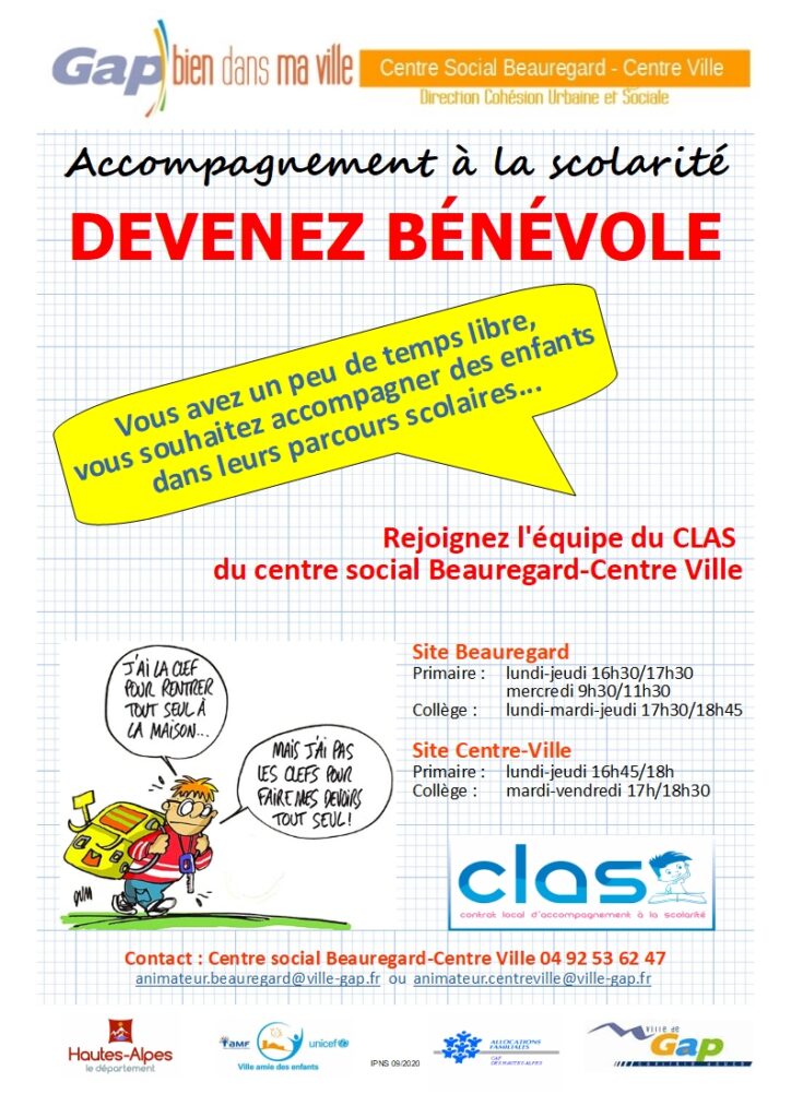 Devenez Bénévoles CLAS au centre social Beauregard centre ville de Gap