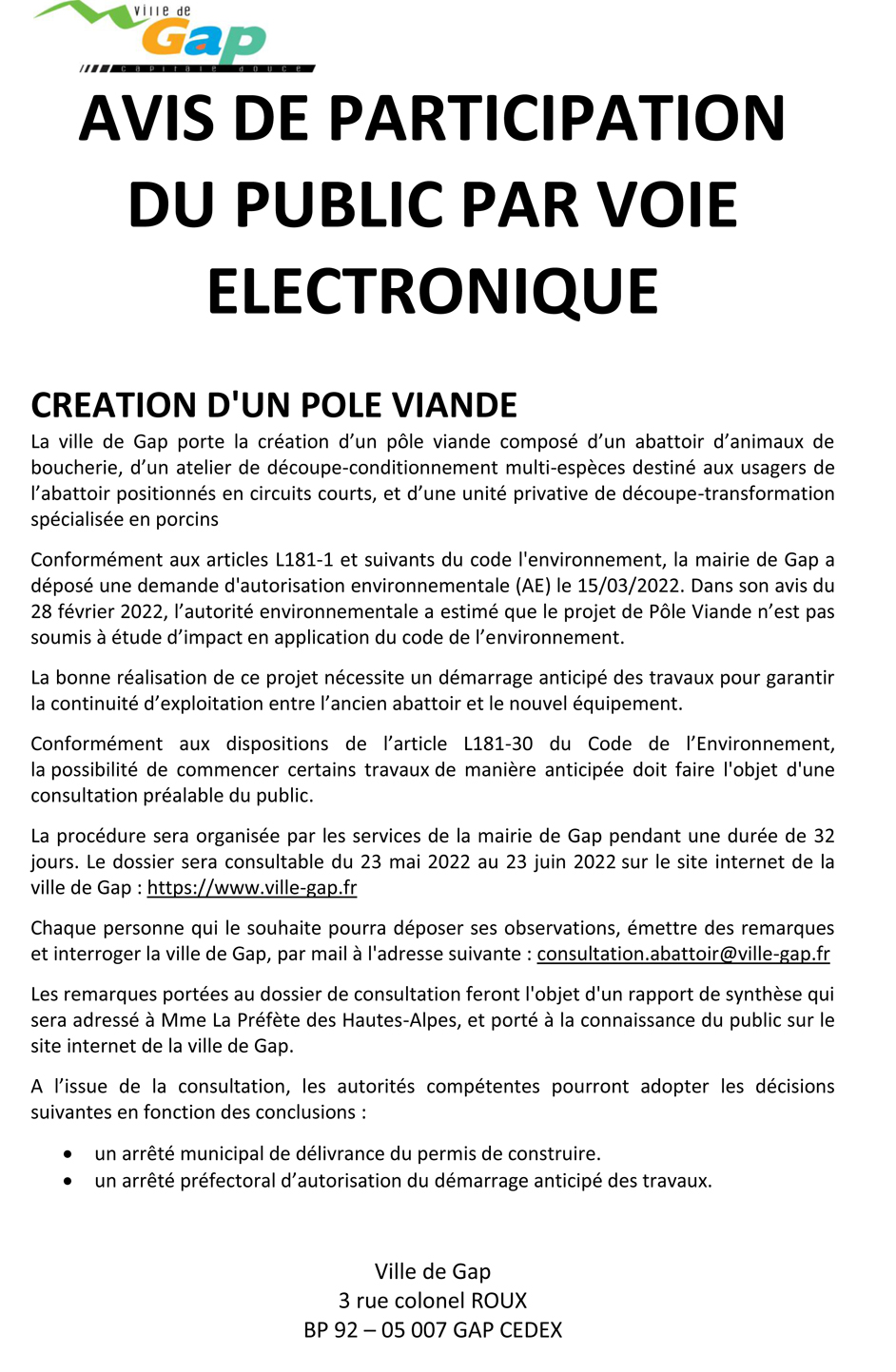 Avis de publication - Création d'un pôle viande