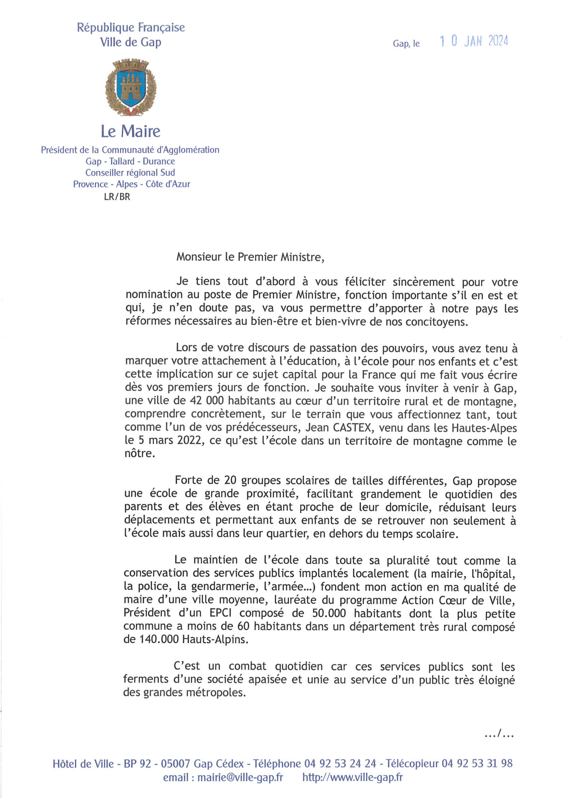 Lettre du 10 01 2024 de M. le Maire de Gap au 1er Ministre