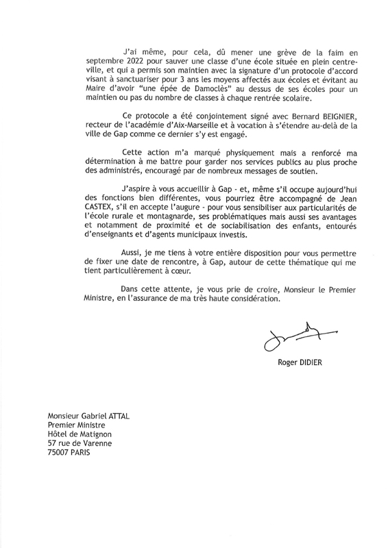Lettre du 10 01 2024 de M. le Maire de Gap au 1er Ministre