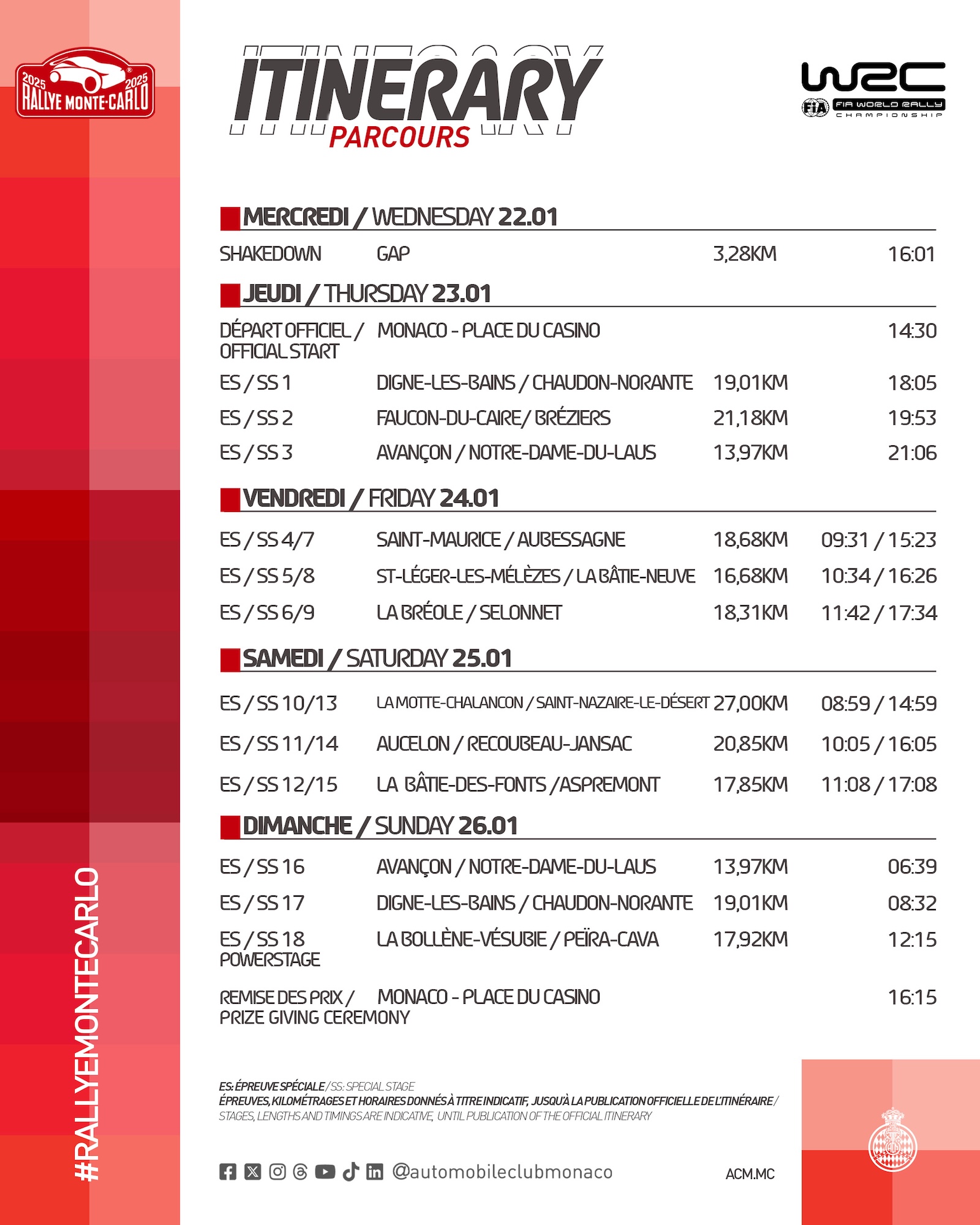 Programme du Rallye Monte Carlo 2025
