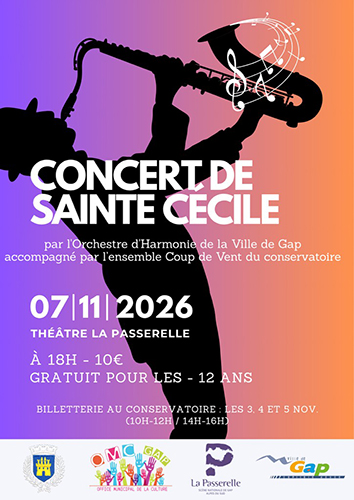 Affiche concert de la Sainte Cécile du 7/11/2026 au Théâtre La Passerelle de Gap.